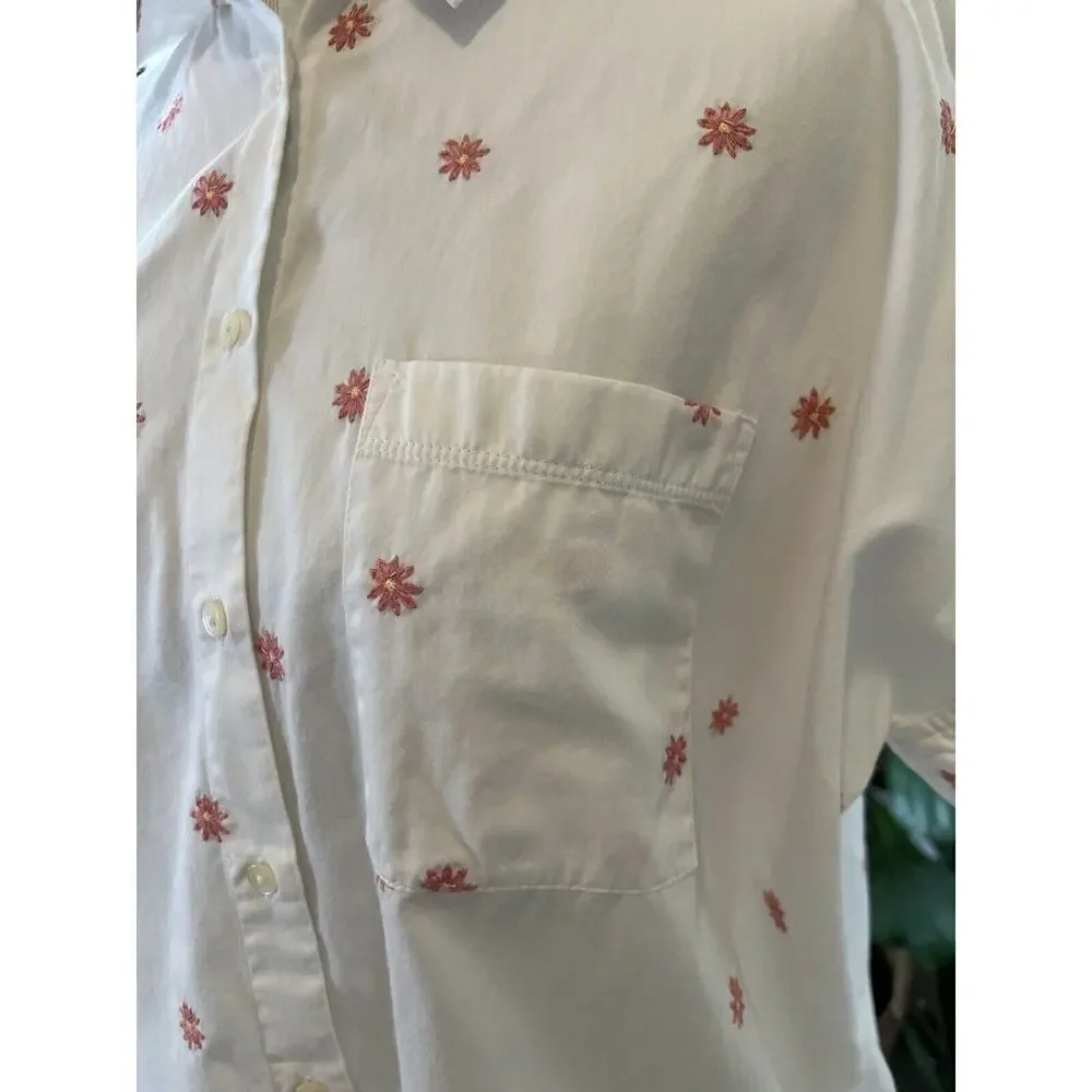 Madewell Women’s Embroidered White Button Up Size S Short Sleeve Blouse‎ Flowers